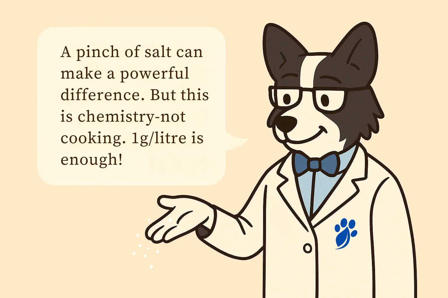 Cartoon dog in a lab coat with text about salt and chemistry on a beige background. make lipaw more efficient with salt. all natural 