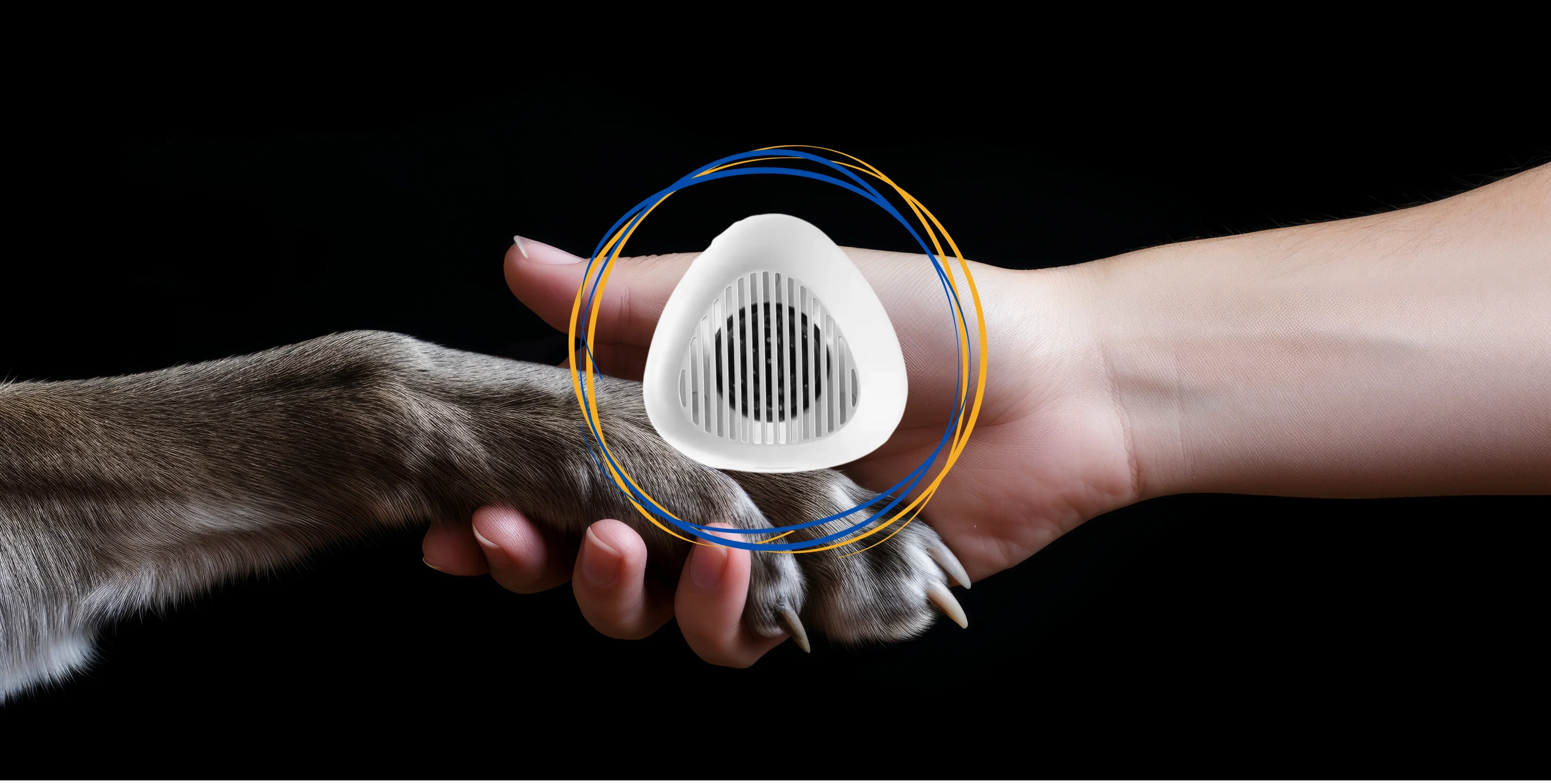 	happy clean dog, healthy dog, modern pet parent, peace of mind for dog moms, sustainable dog care. Dog paw and human hand shaking hands with a white device in the center on a black background