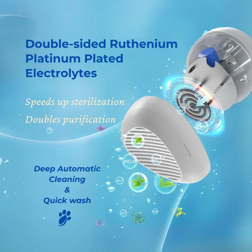 Product with electrolytes on a blue background, highlighting features like double-sided ruthenium platinum plating. hydroxyl ionization, pet-safe cleaning technology, science-based pet hygiene, non-toxic pet cleaner
