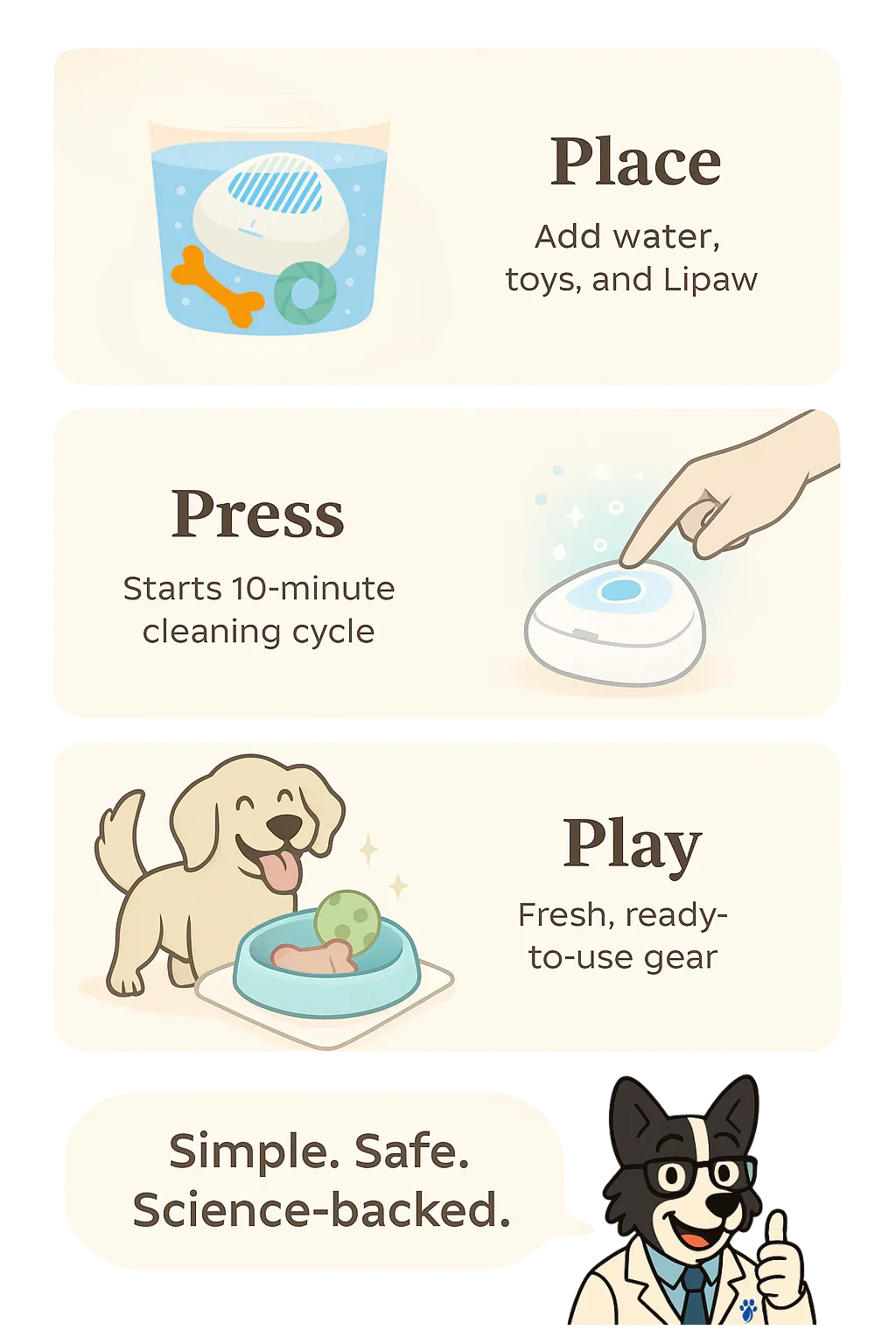Instructions for using a cleaning device with cartoon illustrations and text. lipaw easy to use: place, press and play