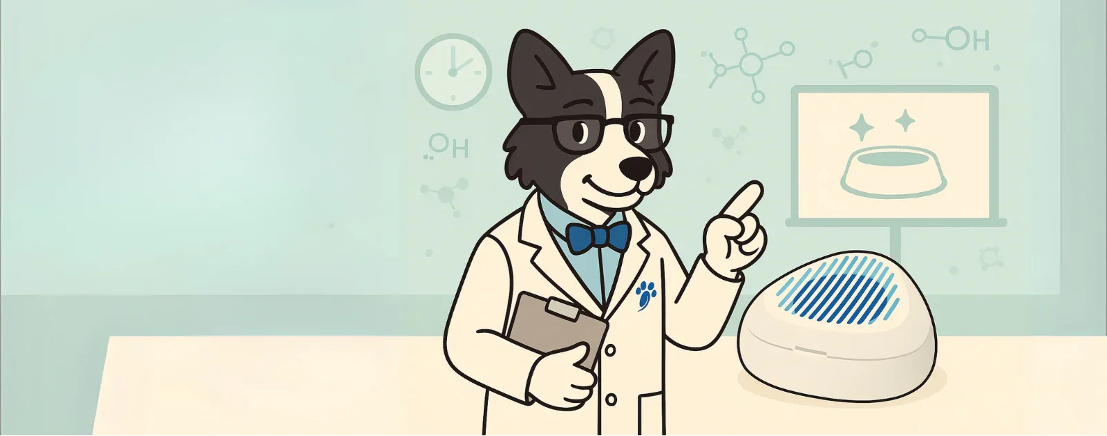 Cartoon dog in a lab coat pointing at a futuristic device with a light blue background. dr pawlov find a solution de sanitize pet gear easily and safely 