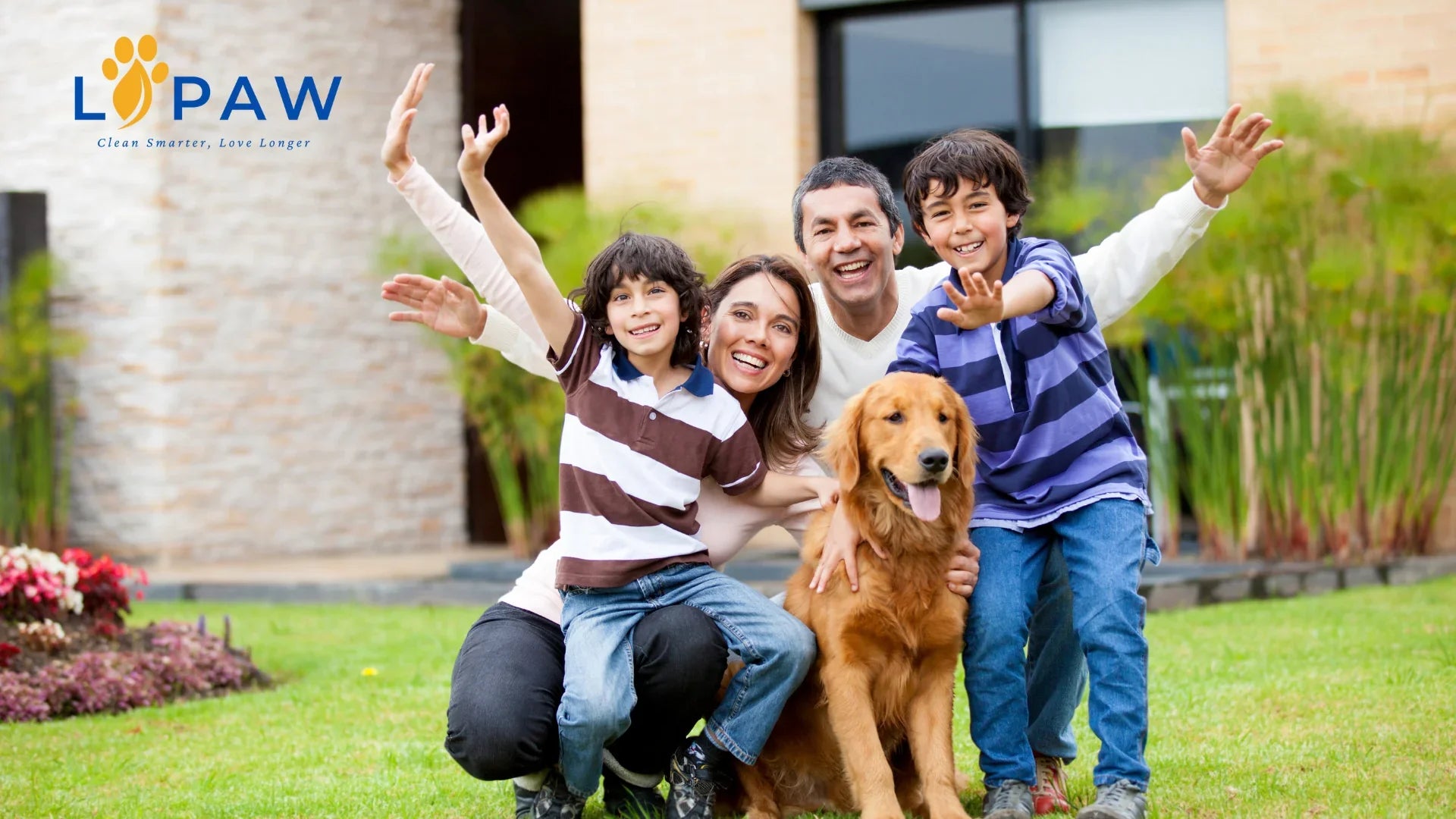 Family with two children and a dog posing outdoors with LIPAW logo.