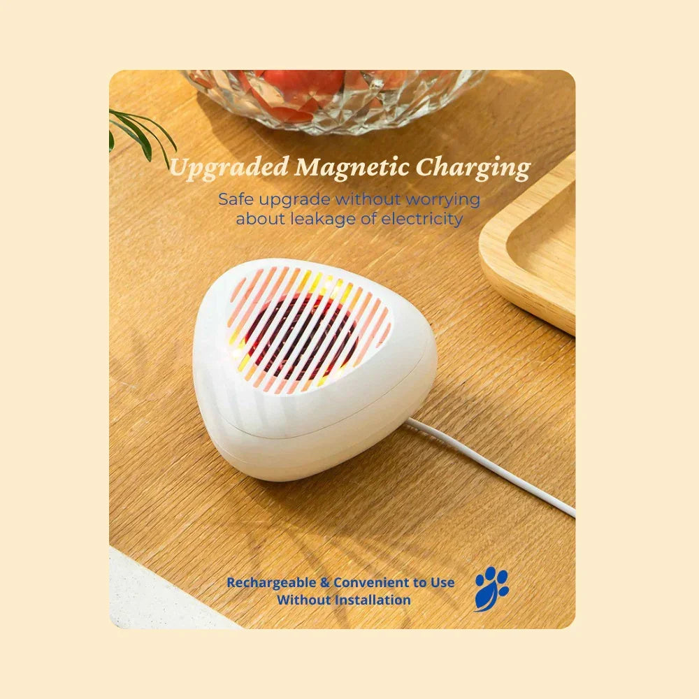 Heart-shaped electronic device with colorful pattern on a wooden surface, featuring text about magnetic charging. easy charging, eco-friendy. 15uses per charge 