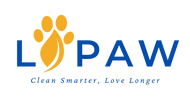 Logo of LiPAW with a yellow paw print and blue text on a transparent background  clean Smarter, Love longer pet care
