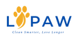 Logo of LiPAW with a yellow paw print and blue text on a transparent background  clean Smarter, Love longer pet care