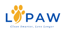 Logo of LiPAW with a yellow paw print and blue text on a transparent background  clean Smarter, Love longer pet care