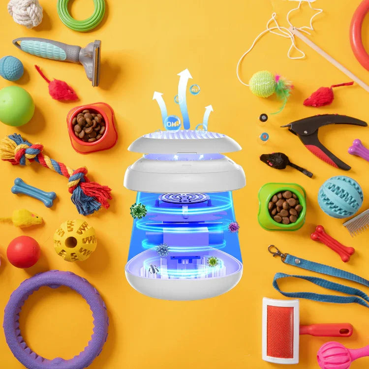 Pet toy and product display with a central blue and white pet toy on a yellow background. technology to kill germs 